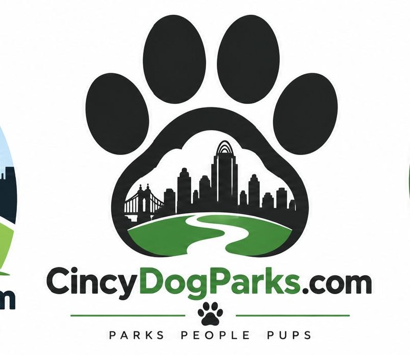 CincyDogParks.com — three dogs running on grass in front of the Cincinnati skyline