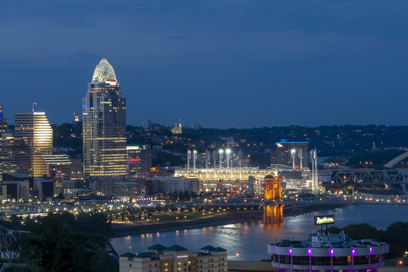 The Cincinnati skyline and Ohio River viewed from Devou Park's memorial overlook in Covington, Kentucky. photo