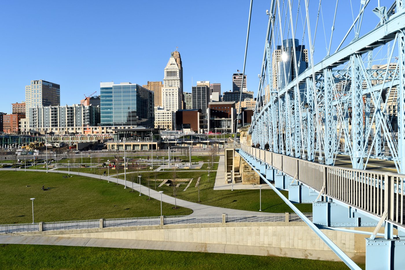 Smale Riverfront Park along the Ohio River, with the Roebling Suspension Bridge and downtown Cincinnati behind. photo